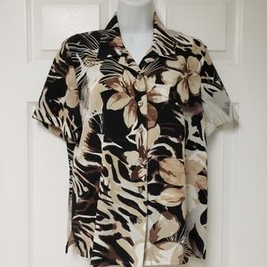 Kim Roger's, size 8P, tan, brown, black flowers, blouse